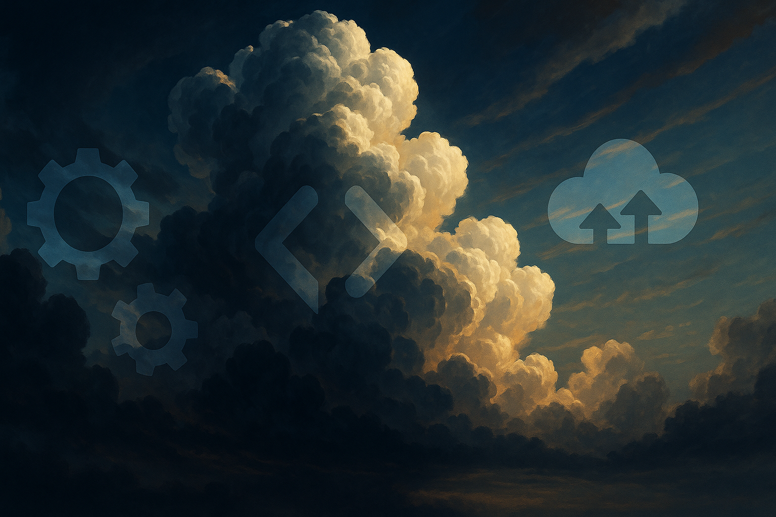 Dramatic high-contrast cumulus cloudscape at sunset with subtle transparent CI/CD symbols—a gear, code brackets, and an upload-to-cloud icon—overlaying the sky.