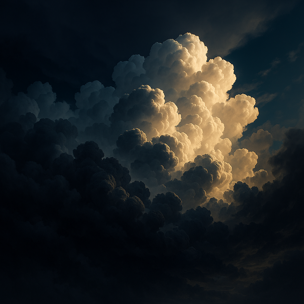 Towering cumulus clouds lit from above, their bright tops contrasting with dark shadowed bases against a deep-blue sky.