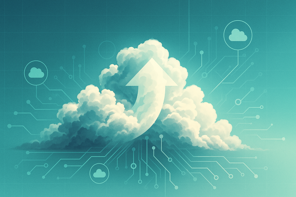 Illustration of nimbus clouds forming an upward arrow with digital circuit lines—symbolizing Salesforce-driven growth at Cloud Nimbus LLC.