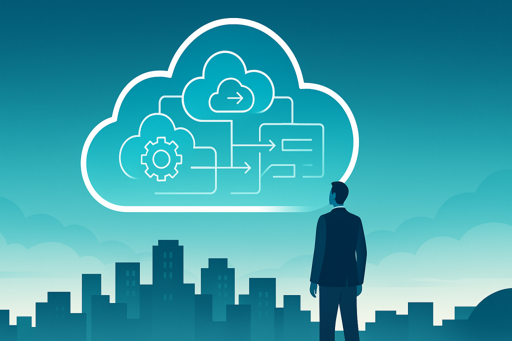 Cloud Nimbus LLC’s vision-driven Salesforce consulting Silhouetted professional looking up at a cloud-shaped blueprint of CRM icons above a blue-tinged city skyline, symbolizing Cloud Nimbus LLC’s vision-driven Salesforce consulting.