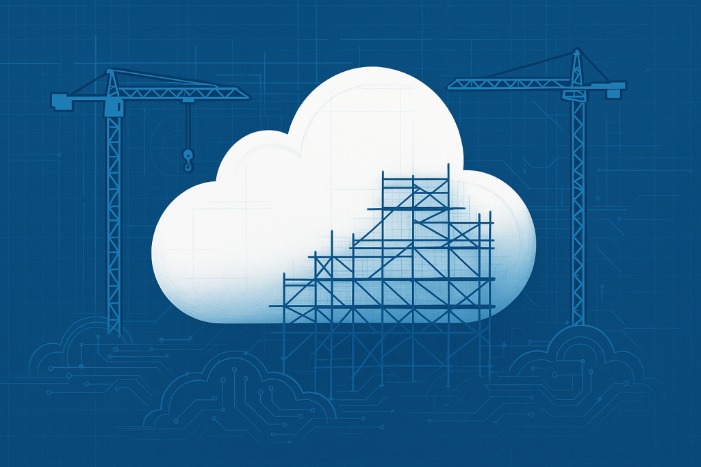 Salesforce architecture rescue Digital illustration of a white cloud under repair—surrounded by cranes, scaffolding, and faint blueprint circuitry—symbolizing a Salesforce architecture rescue.