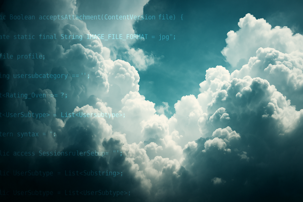Cumulus Clouds Apex High-contrast cumulus clouds with faint lines of Apex code overlayed, symbolizing custom Salesforce development.
