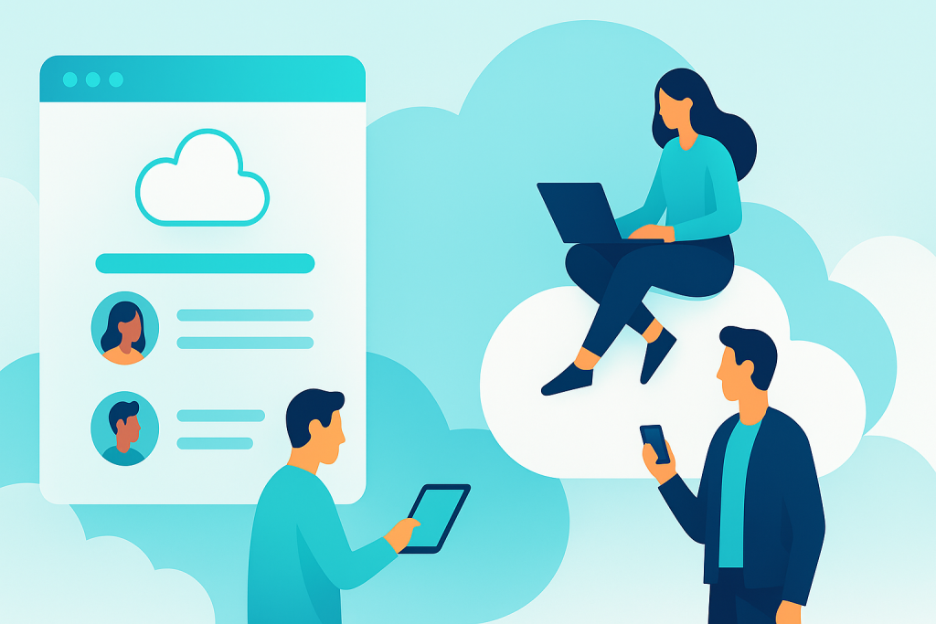 Experience Cloud Portals Flat-style illustration of three users accessing a cloud portal—woman with laptop sitting on a cloud, man holding a tablet, and man with a smartphone—framed by a large interface window and soft blue-white clouds.