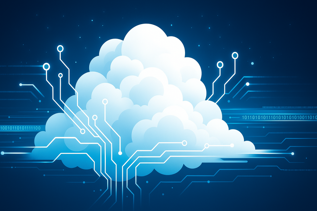 AI and data integrations Stylized blue–white cloud with circuitry lines and binary code flowing through it, evoking cloud-based AI and data integrations.