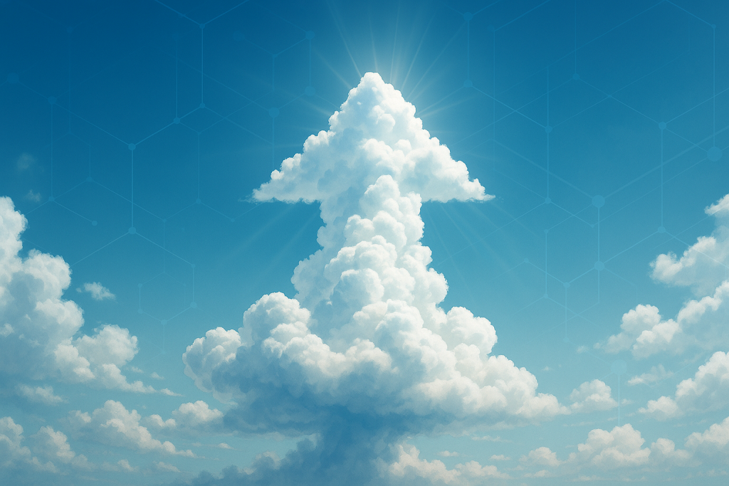 technology and growth A cumulus-cloud tower forms an upward-pointing arrow, back-lit by sunrays in a clear blue sky; faint hexagonal network lines hint at technology and growth.