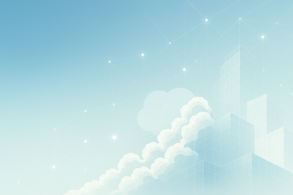 architecture evolving into cloud technology Minimalist blue-toned artwork of clouds transforming into wire-frame buildings under a faint digital network grid, symbolizing architecture evolving into cloud technology.