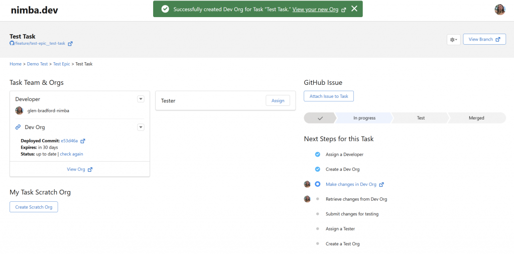 Screenshot of nimba.dev task page showing a freshly created Dev Org linked to a task, with next-step checklist highlighting “Assign a Developer,” “Create a Dev Org,” and “Make changes in Dev Org.